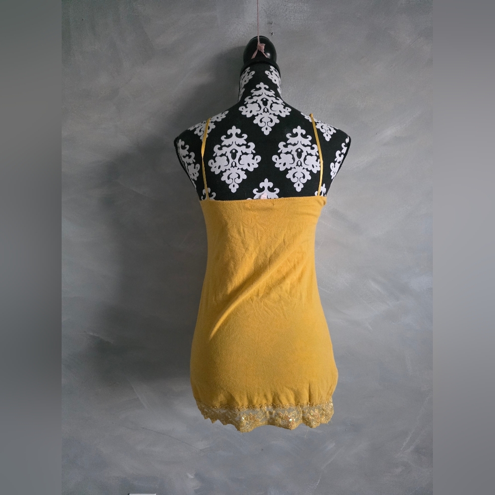 Y2K Women’s Tank Top Lace Trim Yellow Lace Cami Coquette Mermaid Iridecent Sz L - Picture 4 of 10